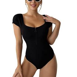 Ausla Damen-Badeanzug mit Reißverschluss, Kurzen Ärmeln, Schlanker Bikini, Modisch, Einfarbig, für Strand, Pool(XL-Schwarz) von Ausla