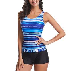 Ausla Damen Bauchweg Zweiteilig Tankini Set Druck Badeanzüge für Damen Tankini Oberteil mit Badeshorts(M-Blau) von Ausla