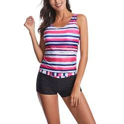 Ausla Damen Bauchweg Zweiteilig Tankini Set Druck Badeanzüge für Damen Tankini Oberteil mit Badeshorts(S-Rosenrot) von Ausla