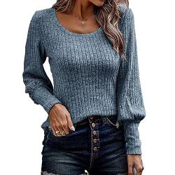 Ausla Damen-Bluse mit Langen Puffärmeln, Rundhalsausschnitt, Einfarbiges Pullover-Oberteil, Elastische Manschette, Geripptes, Lässiges, Lockeres Hemd (S) von Ausla