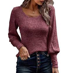 Ausla Damen-Bluse mit Langen Puffärmeln, Rundhalsausschnitt, Einfarbiges Pullover-Oberteil, Elastische Manschette, Geripptes, Lässiges, Lockeres Hemd (S) von Ausla