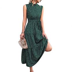 Ausla Damen Boho Lange Kleider Vintage Strandkleid Stehkragen Midi-Länge hohe Taille Ärmellos Sommerkleider(XL-Grün) von Ausla