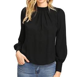 Ausla Damen-Chiffon-Bluse mit Stehkragen, Langarm, Elegantes, Lockeres Hemd, Plissiertes Oberteil, Damen, Einfarbig, Maschinenwaschbar(L-Schwarz) von Ausla