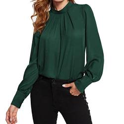 Ausla Damen-Chiffon-Bluse mit Stehkragen, Langarm, Elegantes, Lockeres Hemd, Plissiertes Oberteil, Damen, Einfarbig, Maschinenwaschbar(S-Grün) von Ausla