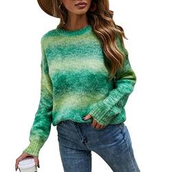 Ausla Damen Feinstrick Bunter Regenbogen Pullover, Lässig Rundhals Langarm Herbst Winter Pullover Pullover(L-Grün) von Ausla