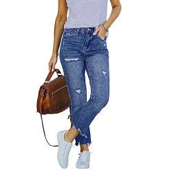 Ausla Damen-Jeans mit Mittlerer Taille, Geradem Bein, Zerrissen, Zerstörter, Roher Saum, Jeans mit Zerrissenen Löchern, Lässige Denim-Hose (2XL) von Ausla
