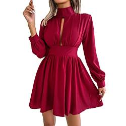 Ausla Damen Kleid Elegant Mini Kleider Langen Ärmeln Blusekleid Herbst Tunika Kleider Strandkleid (M-rot) von Ausla