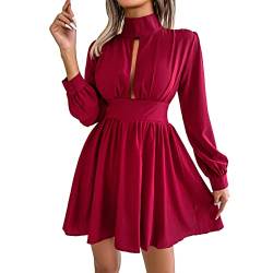 Ausla Damen Kleid Mini Kleider Langen Ärmeln Blusekleid Herbst Tunika Kleider Strandkleid (S-rot) von Ausla