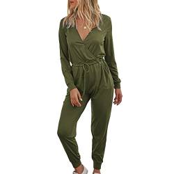 Ausla Damen Langarmshirt Jumpsuit Kreuzausschnitt Overall Hosenanzug Playsuit mit Kordelzug Romper(L-OD-Grün) von Ausla