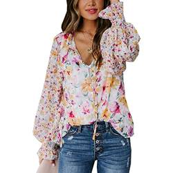 Ausla Damen Lange Laternen ärmel Bluse Kordel Zug V-Ausschnitt Knopf Oben Locker Fit Blumen Hemd (L) von Ausla