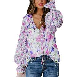 Ausla Damen Lange Laternen ärmel Bluse Kordel Zug V-Ausschnitt Knopf Oben Locker Fit Blumen Hemd (S) von Ausla