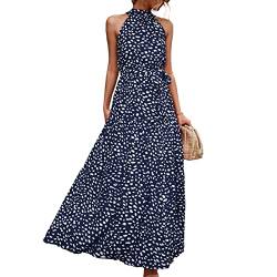 Ausla Damen Neckholder Maxikleid Ärmelloses Schulterfrei Sommer Boho Polka Dot Strandkleider Partykleid mit Gürtel(S-Königsblau) von Ausla