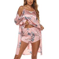 Ausla Damen-Pyjama-Set, 3-teilig, Robe, Morgenmantel, Nachthemd, mit Gürtel, Nachtwäsche-Sets, Nachtwäsche, Pyjamas, Bedruckte Nachthemden(L-rosa) von Ausla