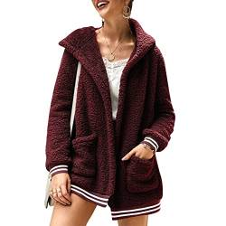 Ausla Damen Revers Outwear Doppeldecke Teddy Fleece Pelzjacke Mantel Kapuzenjacke mit Tasche(L-Weinrot) von Ausla