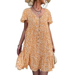 Ausla Damen Sommerkleid Lang Lässig Casual Blumendruck V-Ausschnitt Flutter Kurzarm Frontknopf Rüschensaum Tea Party Kleid(XL-Gelb) von Ausla