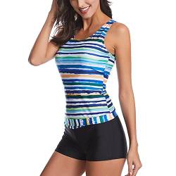 Ausla Damen Tankini Set Bademode Streifen Badeanzug Zweiteilige Beachwear mit Hotpants(S-Grüner See) von Ausla