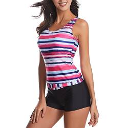 Ausla Damen Tankini Set Bademode Streifen Badeanzug Zweiteilige Beachwear mit Hotpants(S-Rosenrot) von Ausla