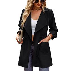 Ausla Damen Umlegekragen Trenchcoat Klassischer Reversmantel Kordelzug Mantel Female Strickjacke(M-Schwarz) von Ausla