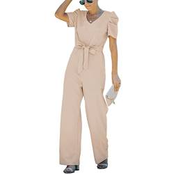 Ausla Damen V-Ausschnitt Lang Playsuit Lang Weites Bein Jumpsuit Elegant Kurzarm Overall Lässiger Hosenanzug mit Gürtel(XL-Aprikose) von Ausla