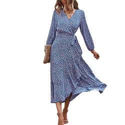 Ausla Damen Wickelkleider mit V-Ausschnitt, Rüschen, Blumenmuster und Bindegürtel, Sommer-Strand-Maxikleid(XL-Blau) von Ausla