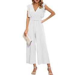 Ausla Eleganter ärmelloser Damen-Overall mit Tiefem V-Ausschnitt, Plissiertem, Geradem Bein, Party-Strampler mit Bund (L) von Ausla