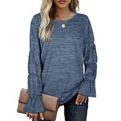 Ausla Frauen Herbst Rundhals Pullover mit Trompetenärmeln, Lässige Langarmbluse Einfarbiges Elastisches Oberteil(L-blau) von Ausla