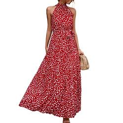 Ausla Frauen Sommerkleider Boho Langes Kleid Ärmellos Neckholder Beach Party Kleid Sommer Sexy Kleid(L-Rot) von Ausla