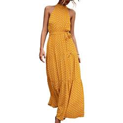 Ausla Kleid Damen Elegant Sommerkleid ärmelloses atmungsaktives Druckmuster Langes Kleid mit Neckholder (M-Gelb) von Ausla
