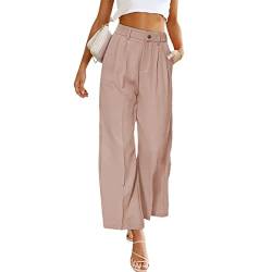 Ausla Leinenhose Damen Lang Culotte High Waist Sommerhose Elegant Bequem Stoff Luftig Locker Stoffhose mit Tasten (L) von Ausla