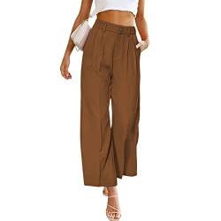 Ausla Leinenhose Damen Lang Culotte High Waist Sommerhose Elegant Bequem Stoff Luftig Locker Stoffhose mit Tasten (L) von Ausla