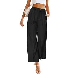 Ausla Leinenhose Damen Lang Culotte High Waist Sommerhose Elegant Bequem Stoff Luftig Locker Stoffhose mit Tasten (M) von Ausla