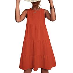 Ausla Rundhals T-Shirt Patchwork Kleider Damen Sommerkleid Casual Ärmelloses Kleid mit Geraffte Büste und Rückenknopf Strandkleid Knielang Einfarbig Locker Swing Kleid (m-Orange) von Ausla