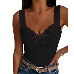 Ausla Tank Top Damen V-Ausschnitt Lässige ärmellose Hemdbluse Sommer Spitze Getrimmt Camisole Weste(M-Schwarz) von Ausla