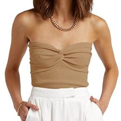 Ausla Trägerloses, ärmelloses, Rückenfreies, Schulterfreies, Figurbetontes Oberteil, Gestricktes Crop-Top, Twist-Front-Strickschlauchoberteil(XS-Khaki) von Ausla