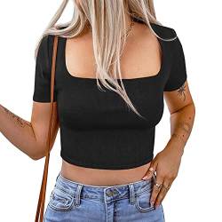 Basic Crop Tops für Damen Rippstrick Kurzarm-T-Shirt mit eckigem Ausschnitt Slim Fit Shirt Sommershirts von Ausla