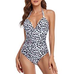 Damen Badeanzug Einteiliger V Ausschnitt Push Up Bademode Self Tie Back Backless Swimsuit(XXL-Leopardenmuster) von Ausla