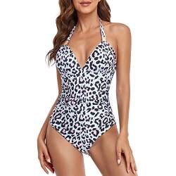 Damen Badeanzug Neckholder Einteiliger V Ausschnitt Push Up Bademode Body Schwimmanzug Swimsuit(L-Leopardenmuster) von Ausla