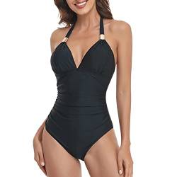 Damen Badeanzug Neckholder Einteiliger V Ausschnitt Push Up Bademode Body Schwimmanzug Swimsuit(M-Schwarz) von Ausla