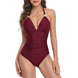 Damen Badeanzug Neckholder Einteiliger V Ausschnitt Push Up Bademode Body Schwimmanzug Swimsuit(XL-Weinrot) von Ausla