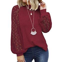 Damen Bluse T-Shirt Langarmshirt Hohlspitzen Herbst Winter Spitze Laternenärmel Hemd (M-Weinrot) von Ausla