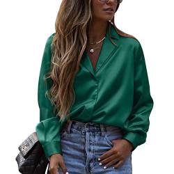Damen Button Down Satin Bluse Tief V Revers Trendy Seide Langarmshirts Loose Slim Büro Formal Arbeit Hemd Elegant Oberteile Tops(XL-Grün) von Ausla