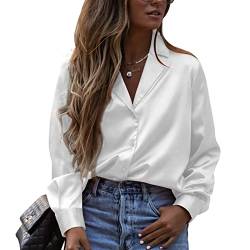 Damen Button Down Satin Bluse Tief V Revers Trendy Seide Langarmshirts Loose Slim Büro Formal Arbeit Hemd Elegant Oberteile Tops(m-Weiß) von Ausla