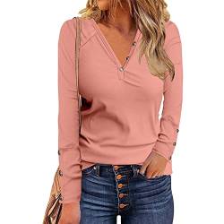 Damen Casual Langarm V-Ausschnitt Knopfleiste Slim Fit Tunika Top Rippen T-Shirt(M-Rosa) von Ausla