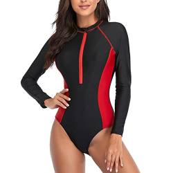 Damen Langarm Einteilige Badeanzug Frontreißverschluss Badeanzug Slim Fit Strandmode Push-up Schwimmanzug(L-rot) von Ausla