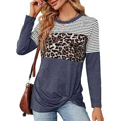 Damen Langarm-T-Shirt, Gestreift, Leopardenmuster, Oberteil, Rundhalsausschnitt, Twist-Knoten-Bluse, Lässig, Bequem (XXL) von Ausla