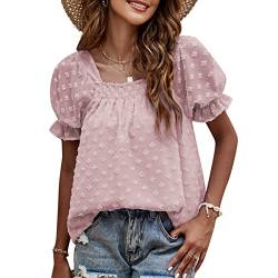 Damen PuffÄrmel Sommer Blusen Tops Spitzen Swiss Dot Kurzarm Oberteile Square Neck Pom Pom T Shirts(M) von Ausla