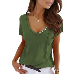 Damen Sommer Bluse mit Tasche V-Ausschnitt Kurzarm Shirts Loose Casual T-Shirt Casual Shirts (XXL-Grün) von Ausla