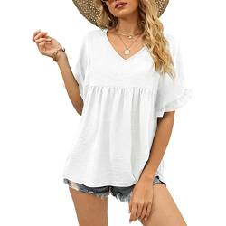 Damen Sommer Casual Tshirt V Ausschnitt Elegant Oberteile Rüschen Bluse Top Damen Kurzarm Lose T-Shirts(M-Weiß) von Ausla
