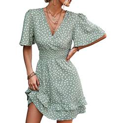 Damen Sommer Einteiler Kleid Vintage Ruched Swing Kleid Blumendruck Kurz Rüschen Ärmel A-Linie V-Ausschnitt Tee Party Cocktailkleid Freizeitkleid, grün, L von Ausla