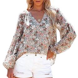 Damen Sommer Frühling Ärmel Chiffon Blumendruck Lange Flare Ärmel V-Ausschnitt Lässige Bluse Shirt Tops(M-Bunt) von Ausla